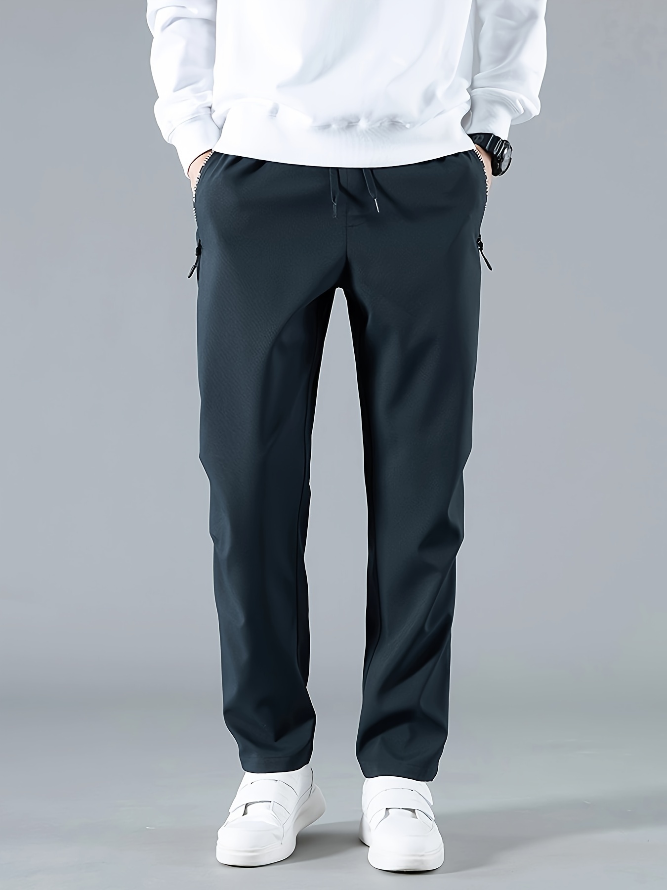Solid Sweat Pants - Classic Regular Fit, Cuffed Hem, Straight Leg, Adjustable Drawstring Waistband, Zippered Pockets - Perfect for Casual, Chic, Sports, and All Seasons Wear