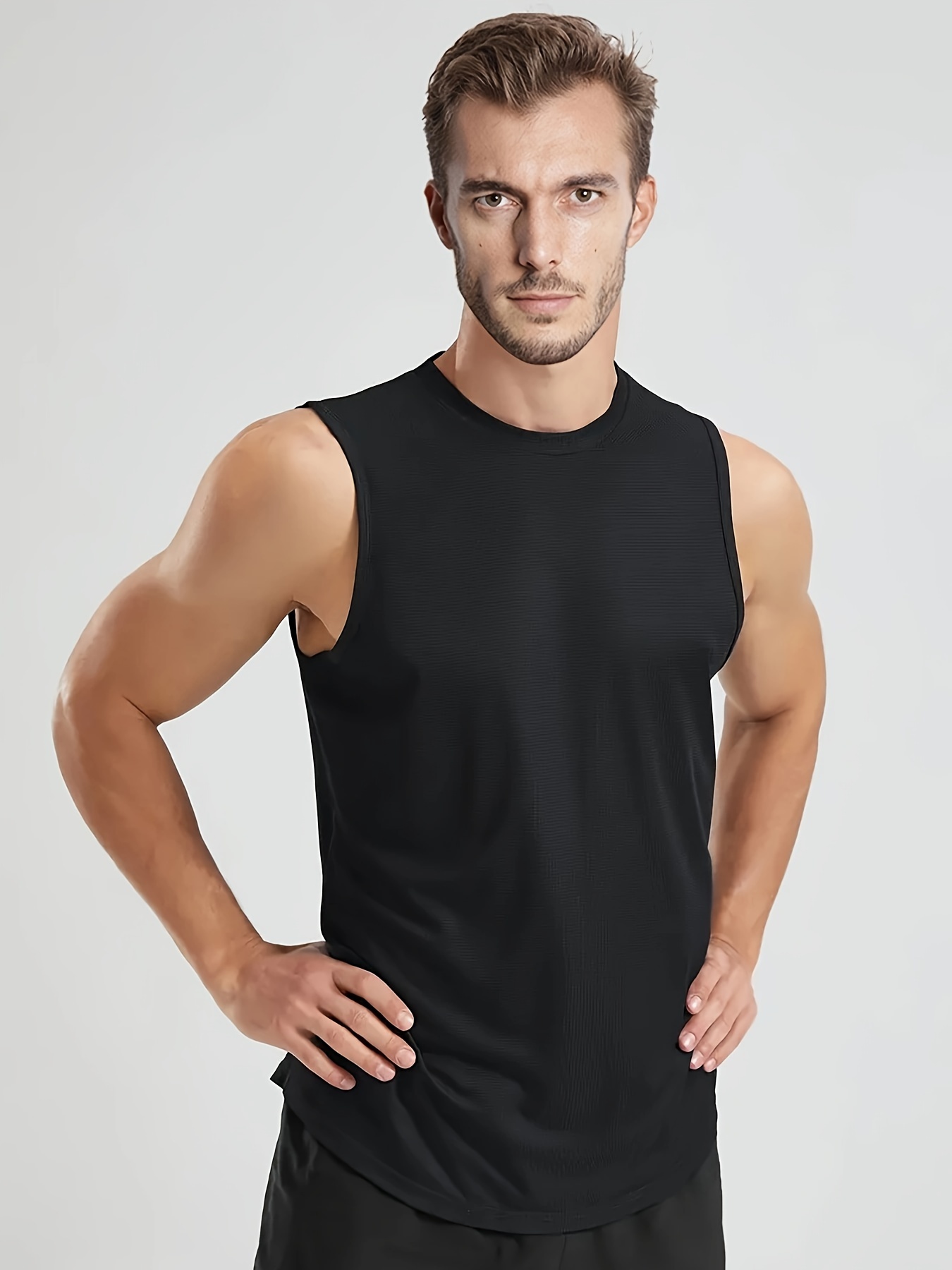 Men's Solid Tank Top, Active Crew Neck High Stretch Sleeveless Top, Men's Clothing For Summer Outdoor