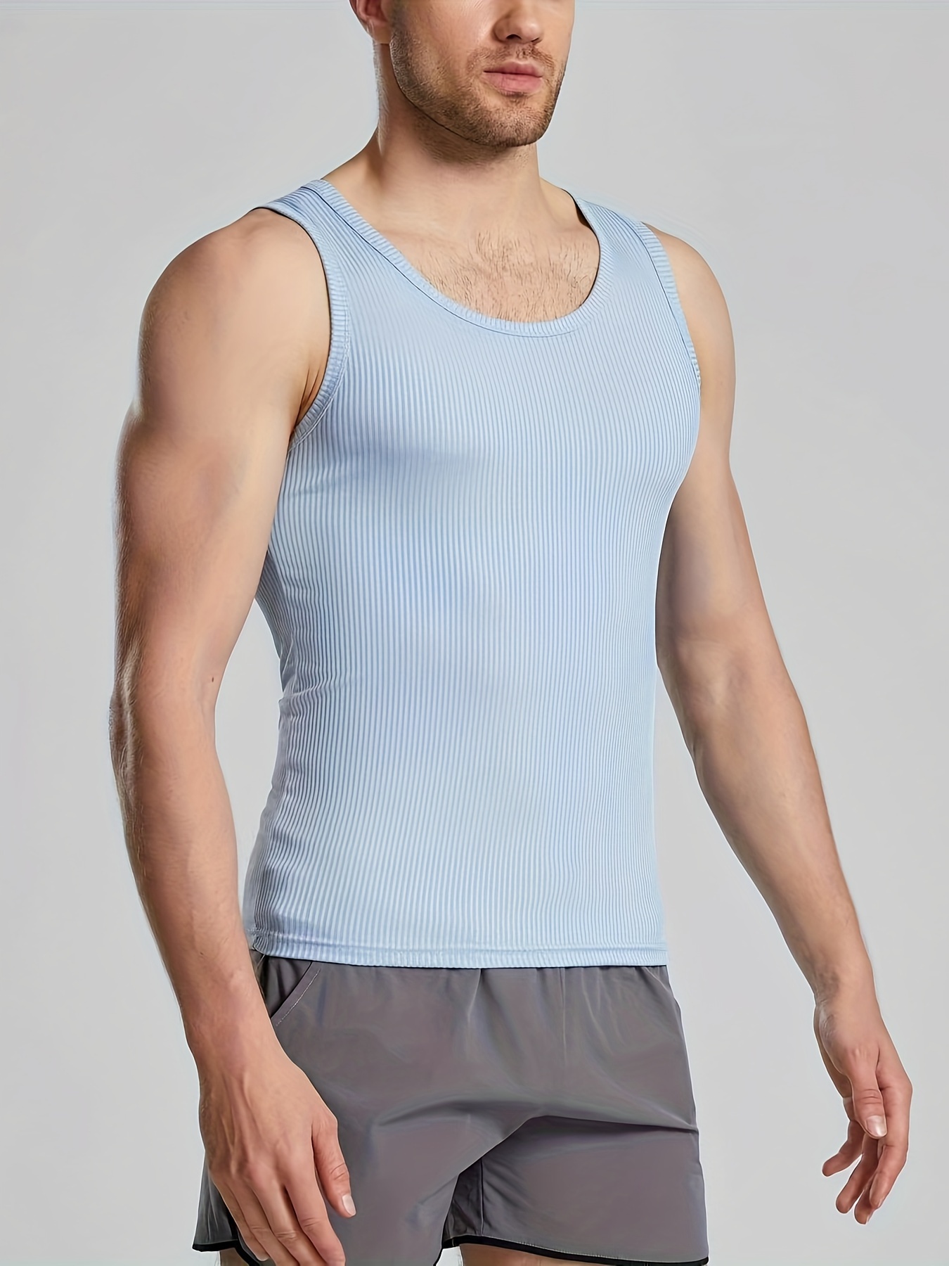 Men's Solid Tank Top, Active Slim-fit Breathable Crew Neck Sleeveless Top, Men's Clothing For Summer Outdoor