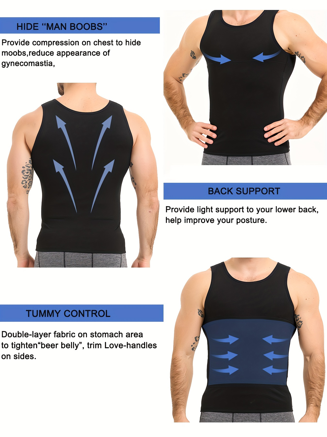 Men's Shapewear Tank Top Slimming Compression Shirt, Sweat Vest, Abdominal Control, Posture Enhancer, Base Layer Top