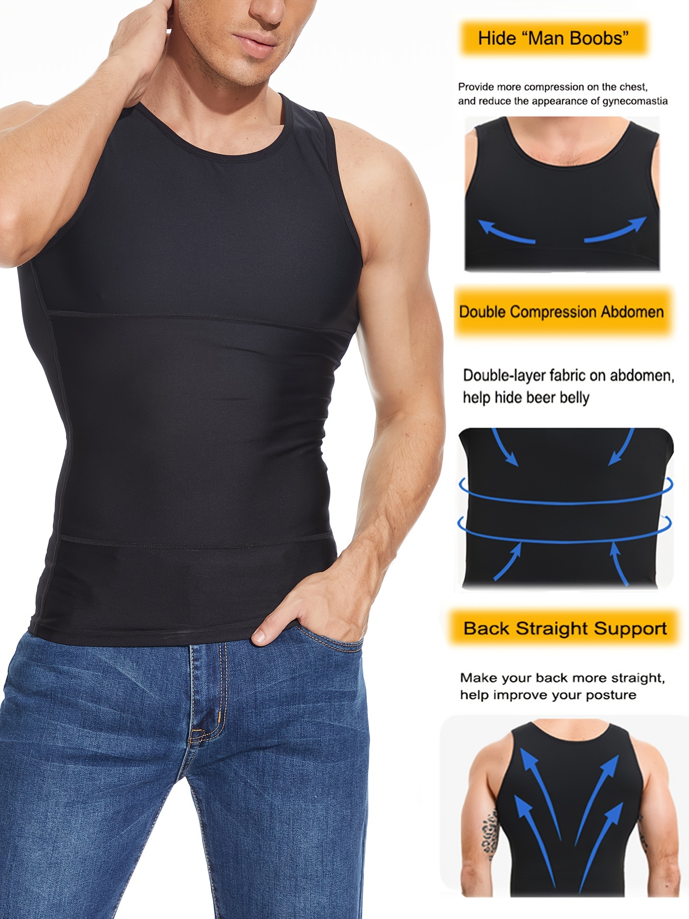 Men's Shapewear Tank Top Slimming Compression Shirt, Sweat Vest, Abdominal Control, Posture Enhancer, Base Layer Top