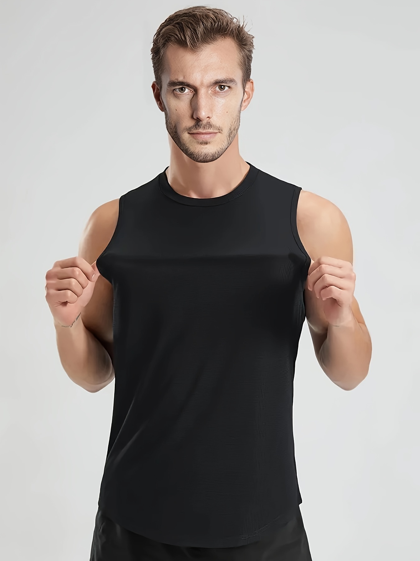 Men's Solid Tank Top, Active Crew Neck High Stretch Sleeveless Top, Men's Clothing For Summer Outdoor