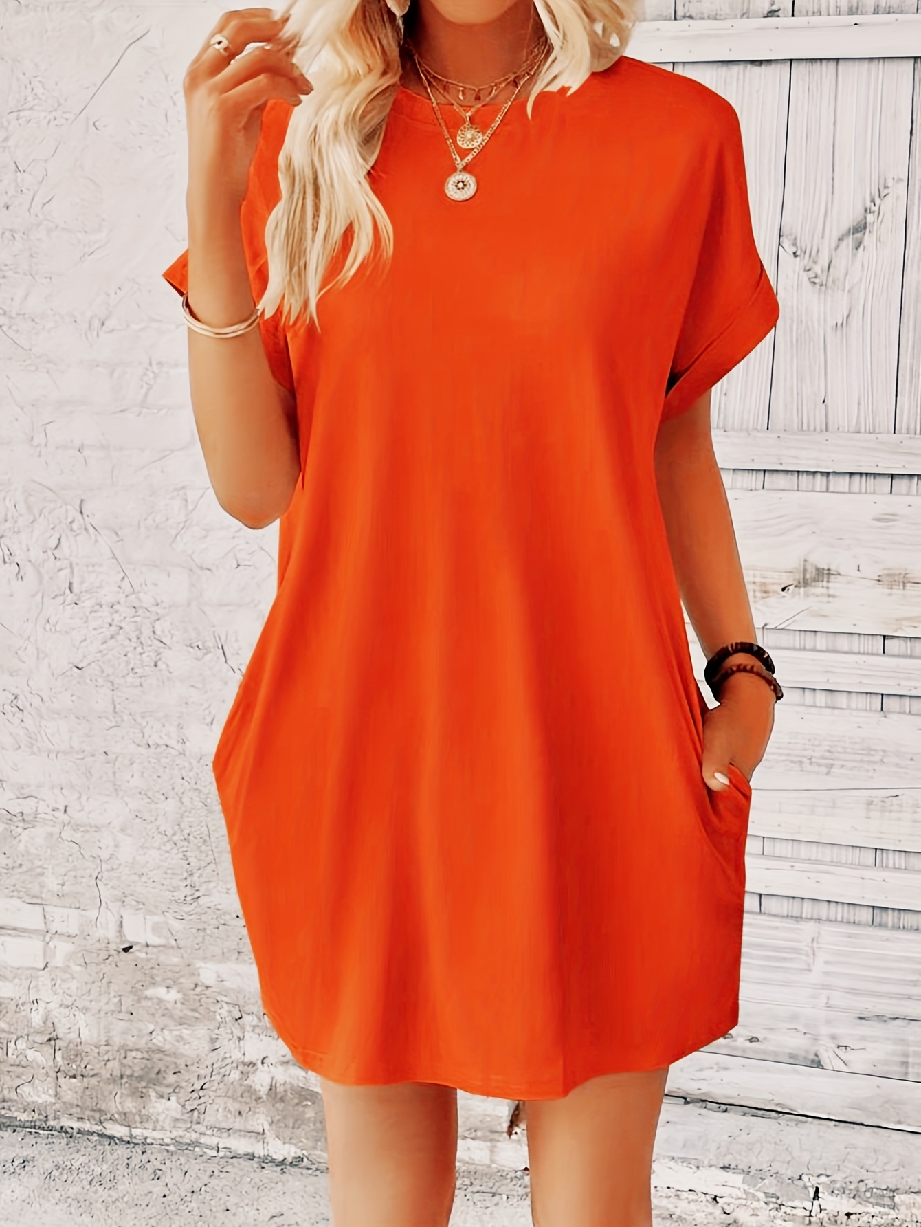 Crew Neck With Pocket Dress, Casual Short Sleeve Dress For Spring & Summer, Women's Clothing For Elegant Dressing