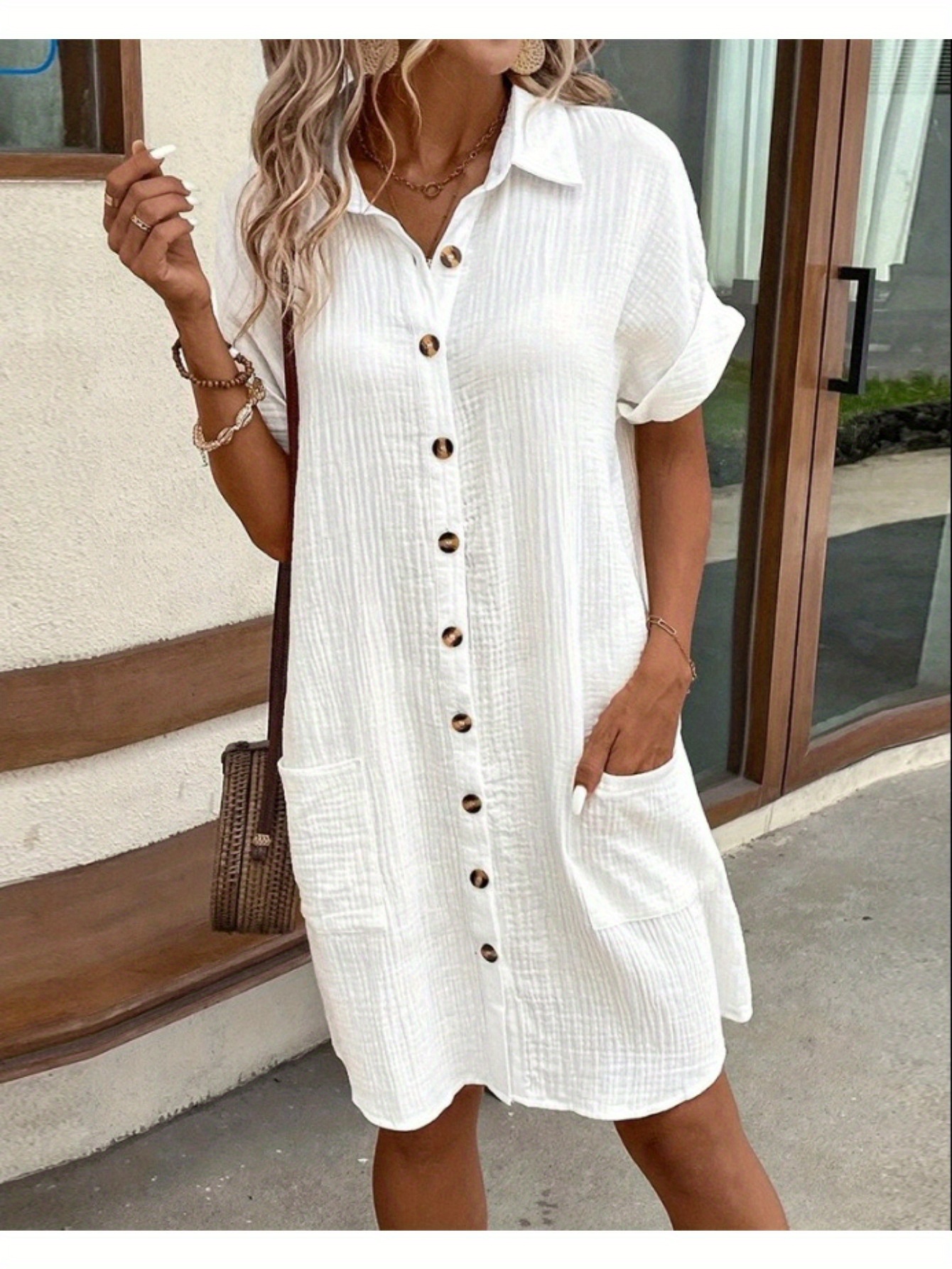 Women's summer new casual solid color single breasted medium long short sleeve loose casual dress