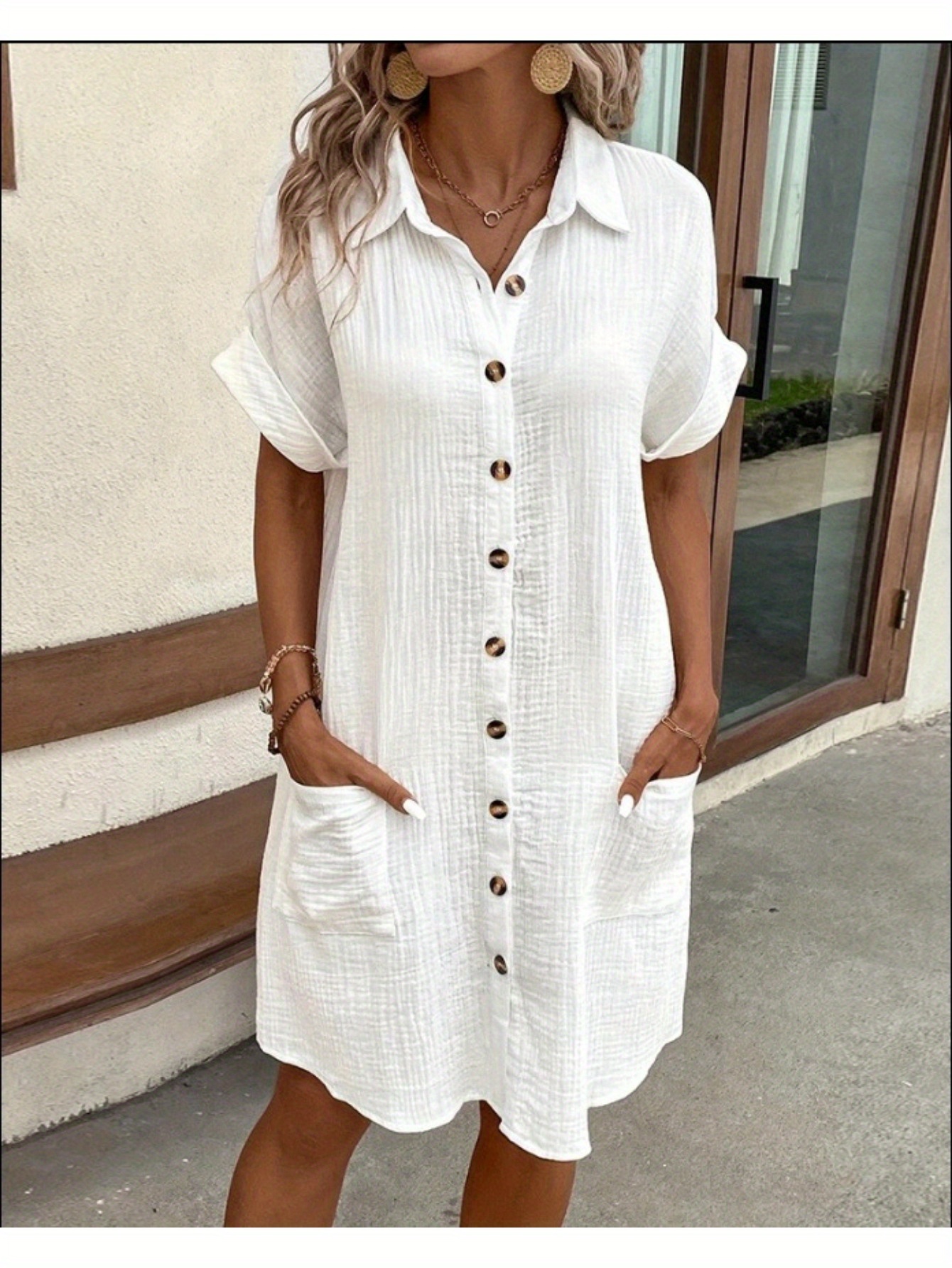 Women's summer new casual solid color single breasted medium long short sleeve loose casual dress