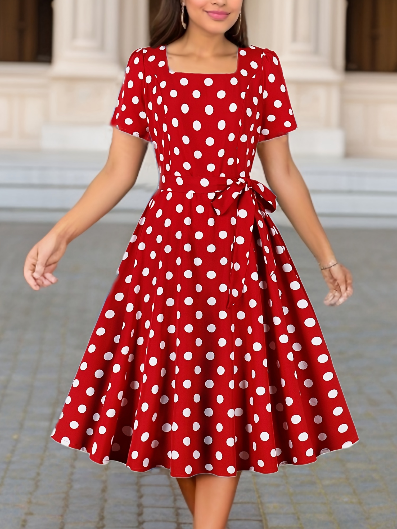 Polka Dot Print Square Neck Dress, Elegant Short Sleeve Belted Dress For Spring & Summer, Women's Clothing