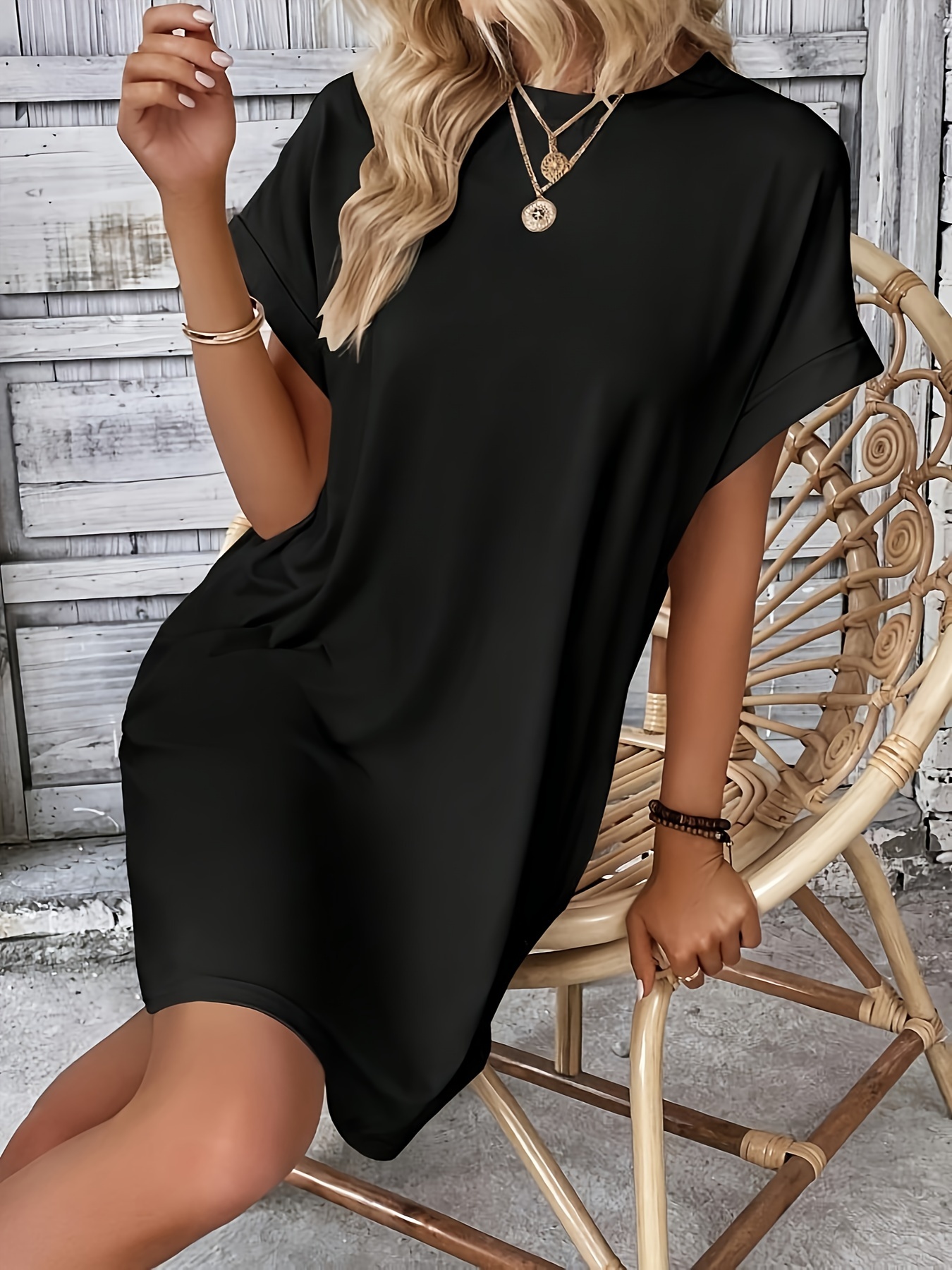 Batwing Sleeve Mini Dress, Casual Crew Neck Above Knee Dress, Women's Clothing