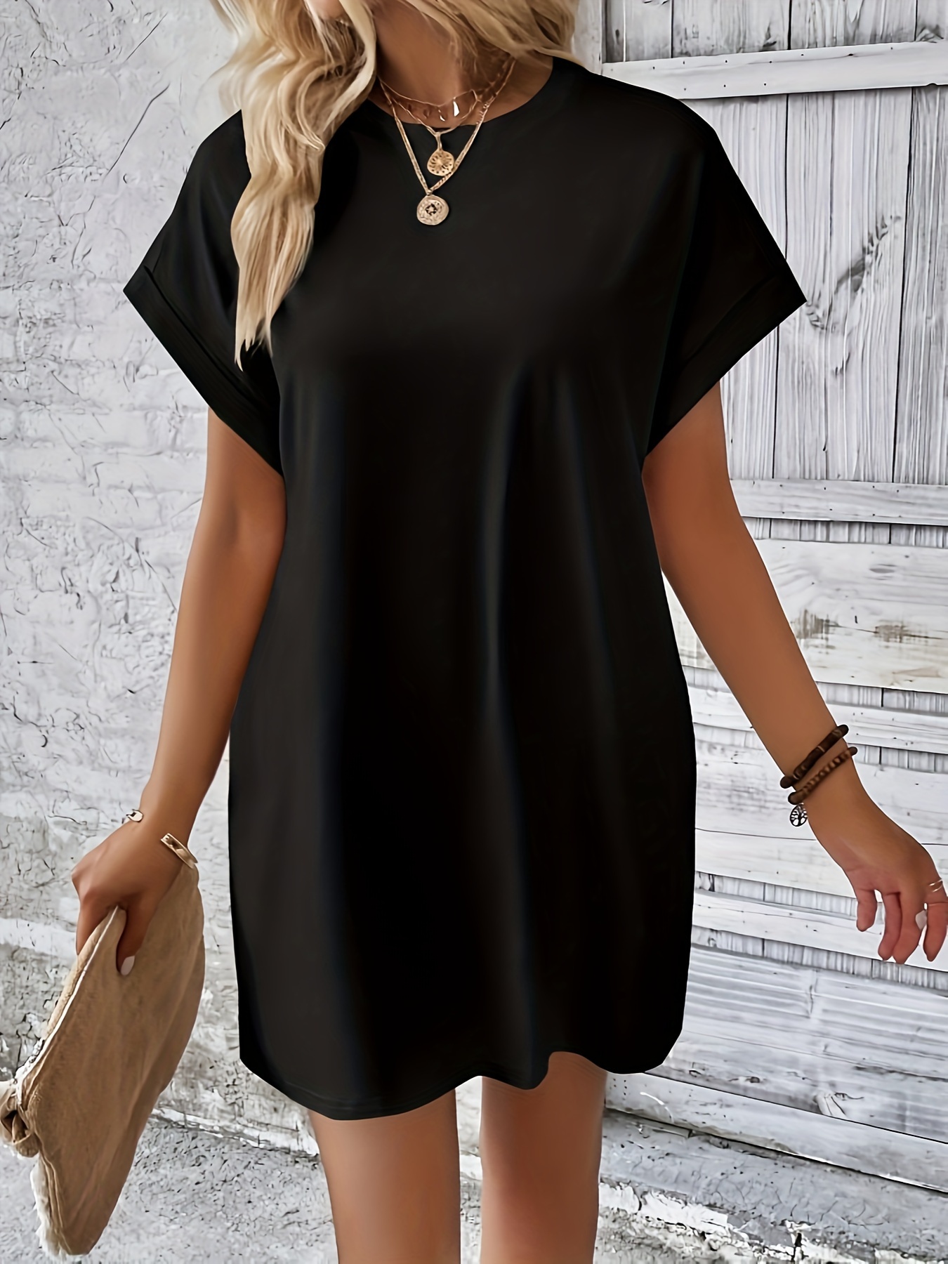 Batwing Sleeve Mini Dress, Casual Crew Neck Above Knee Dress, Women's Clothing