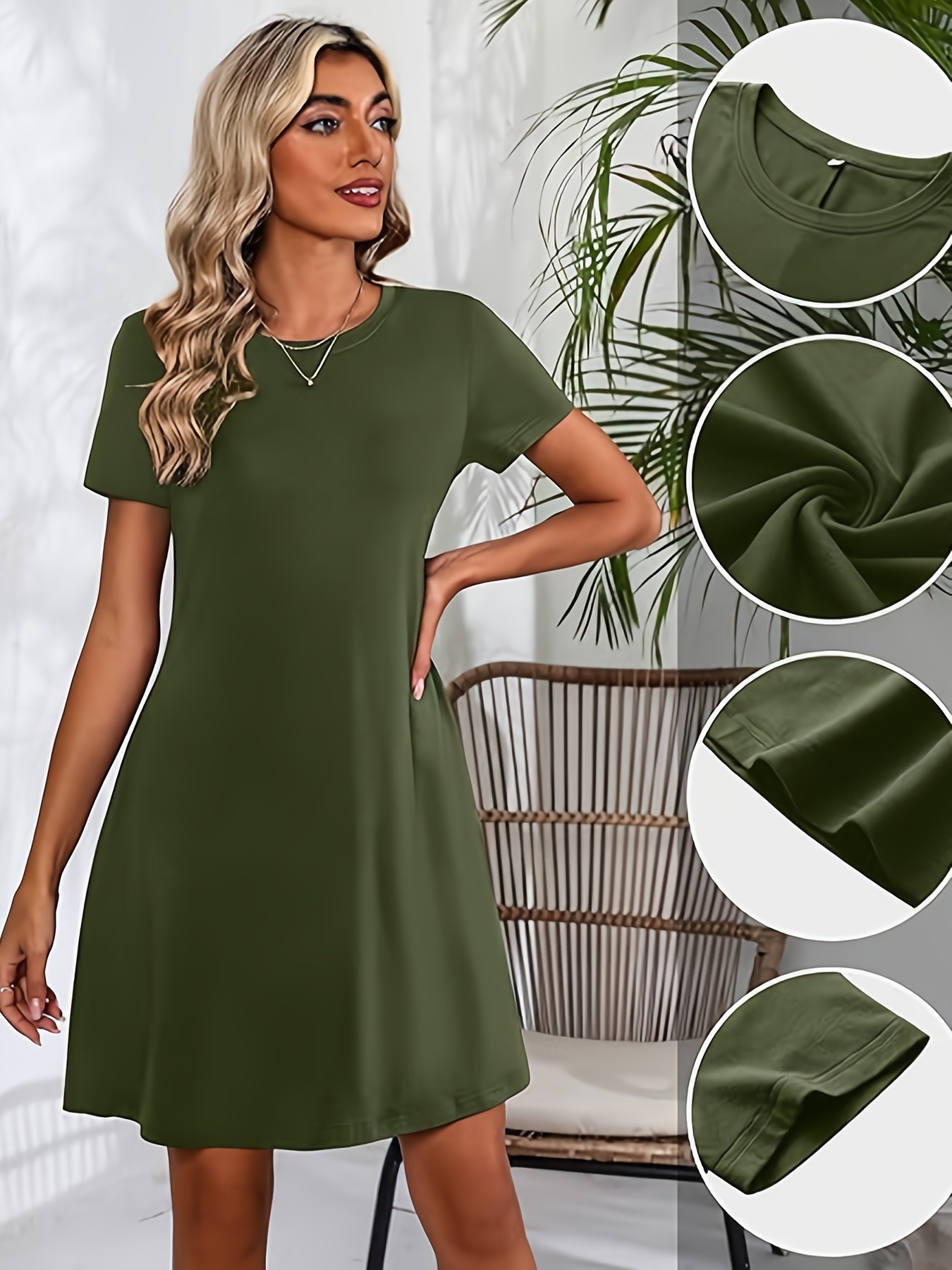 Womens Casual Swing Dress - Soft Polyester Crew Neck Short Sleeve Solid Color Relaxed Fit with Mid Elasticity for Spring Summer Fall - Easy Care Knit Fabric