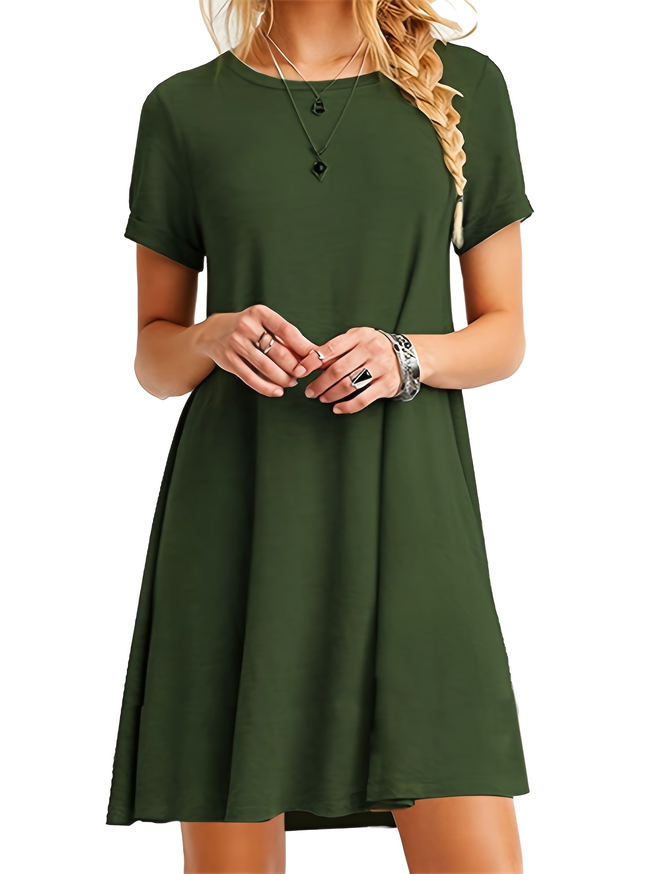 Womens Casual Swing Dress - Soft Polyester Crew Neck Short Sleeve Solid Color Relaxed Fit with Mid Elasticity for Spring Summer Fall - Easy Care Knit Fabric