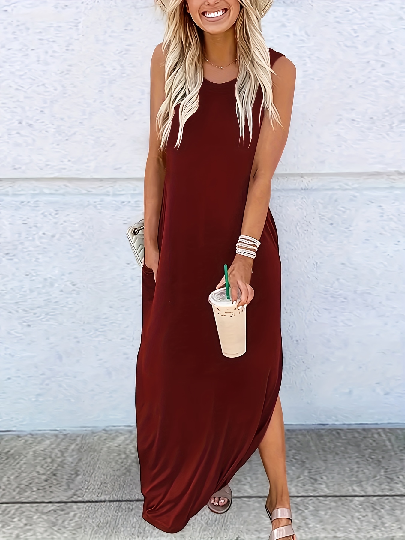 Solid Color Crew Neck Tank Dress, Casual Sleeveless Split Maxi Dress For Spring & Summer, Women's Clothing