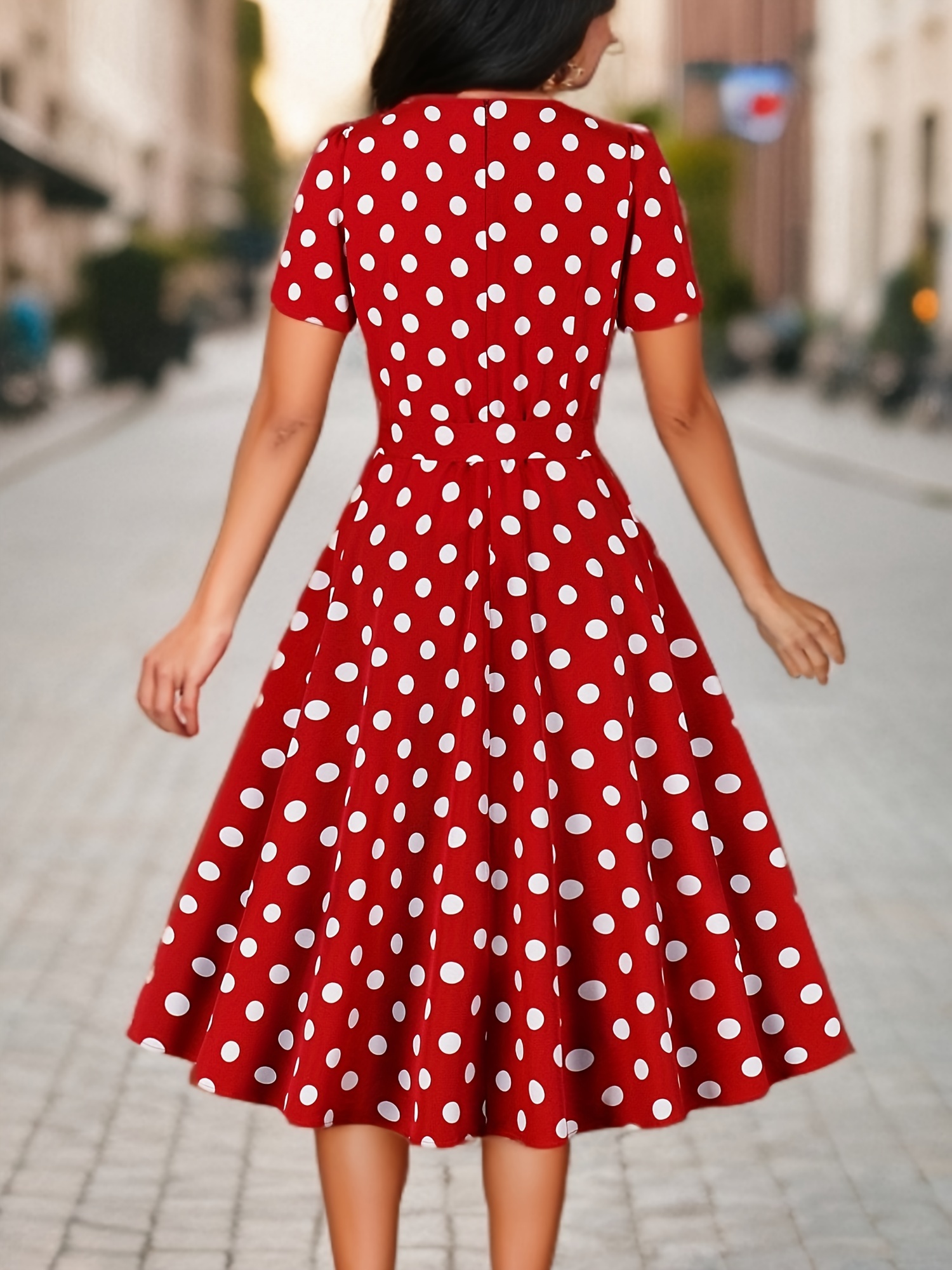 Polka Dot Print Square Neck Dress, Elegant Short Sleeve Belted Dress For Spring & Summer, Women's Clothing