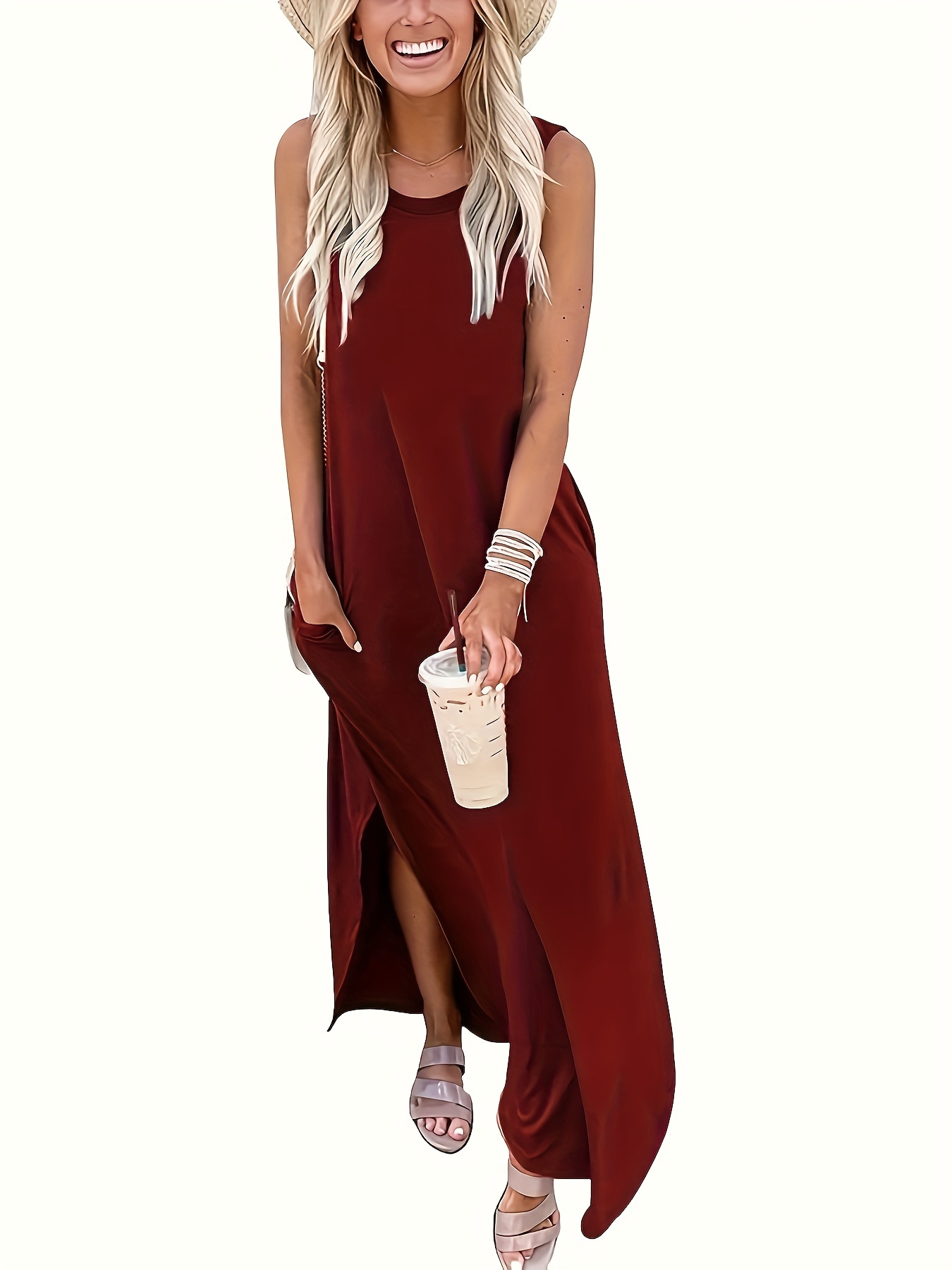 Solid Color Crew Neck Tank Dress, Casual Sleeveless Split Maxi Dress For Spring & Summer, Women's Clothing