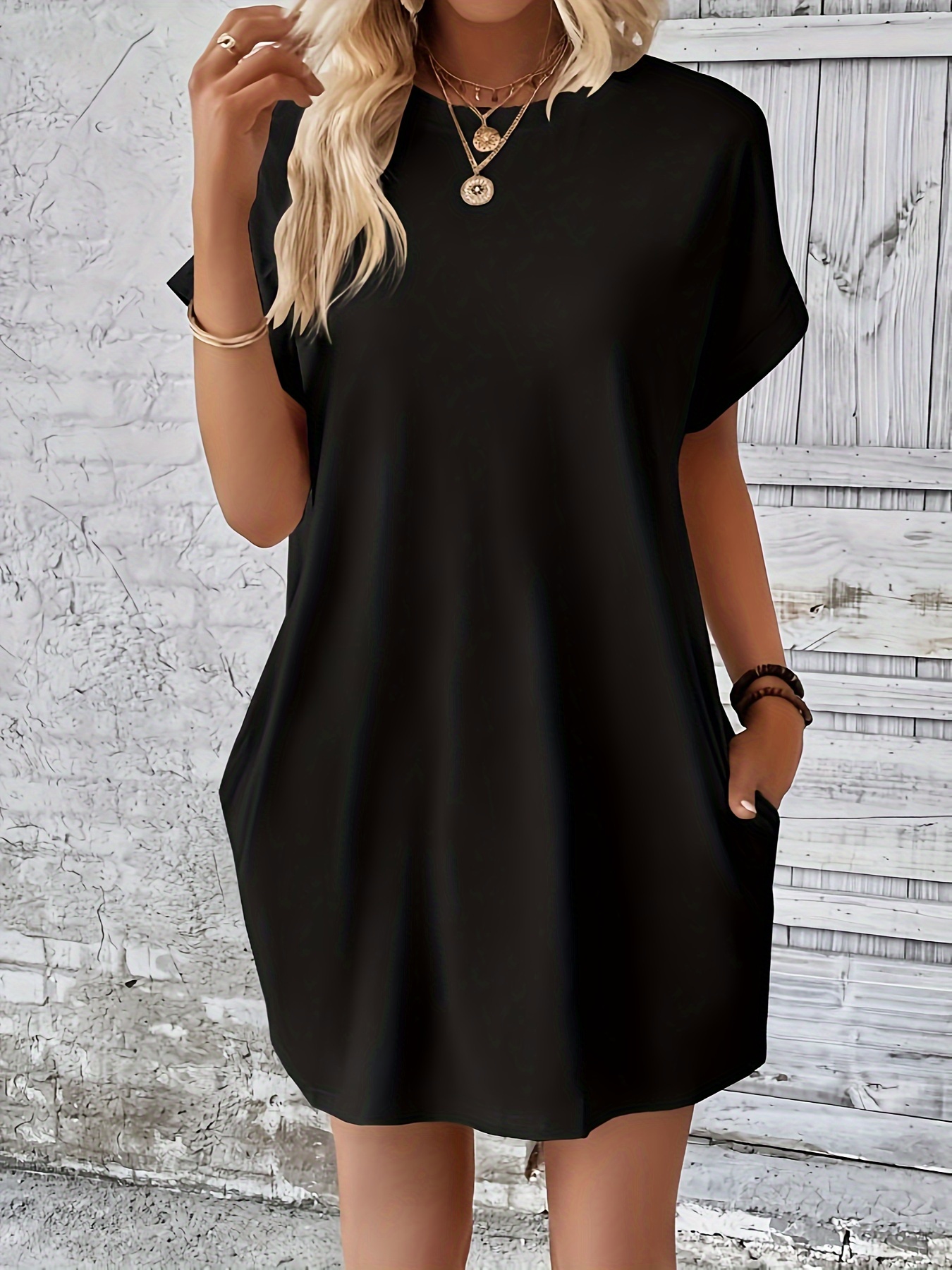 Batwing Sleeve Mini Dress, Casual Crew Neck Above Knee Dress, Women's Clothing