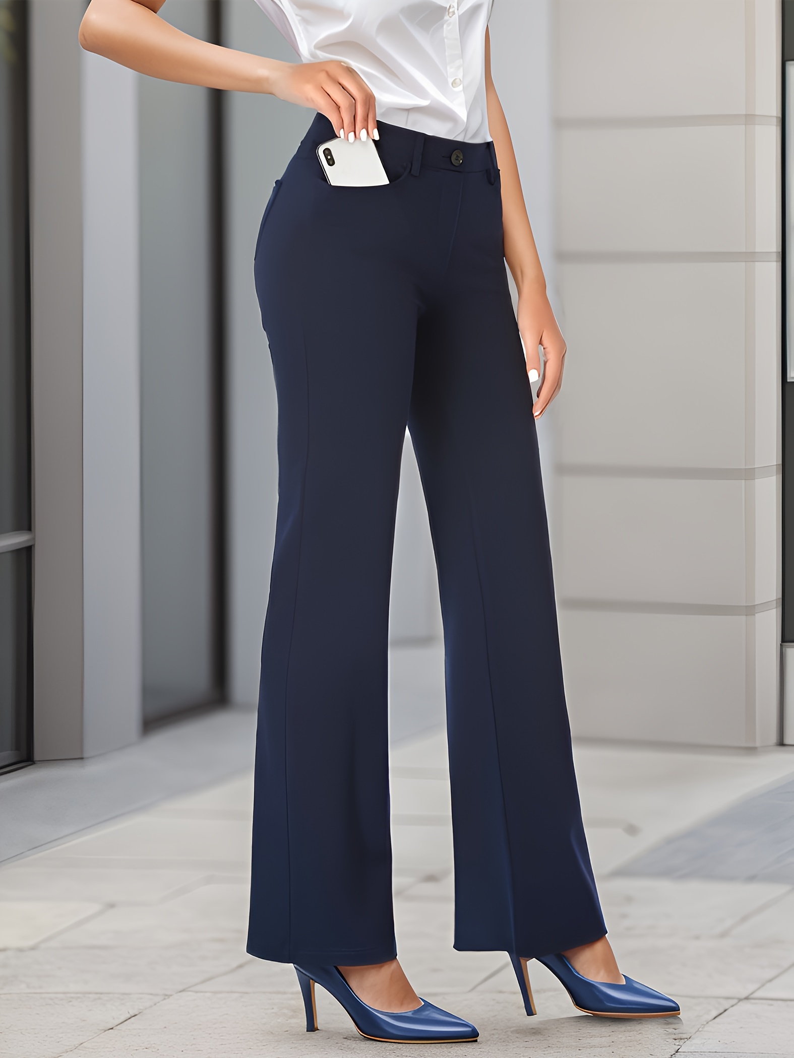 Chic High-Waist Trousers with Slant Pockets - Figure-Flattering Office Wear for Women