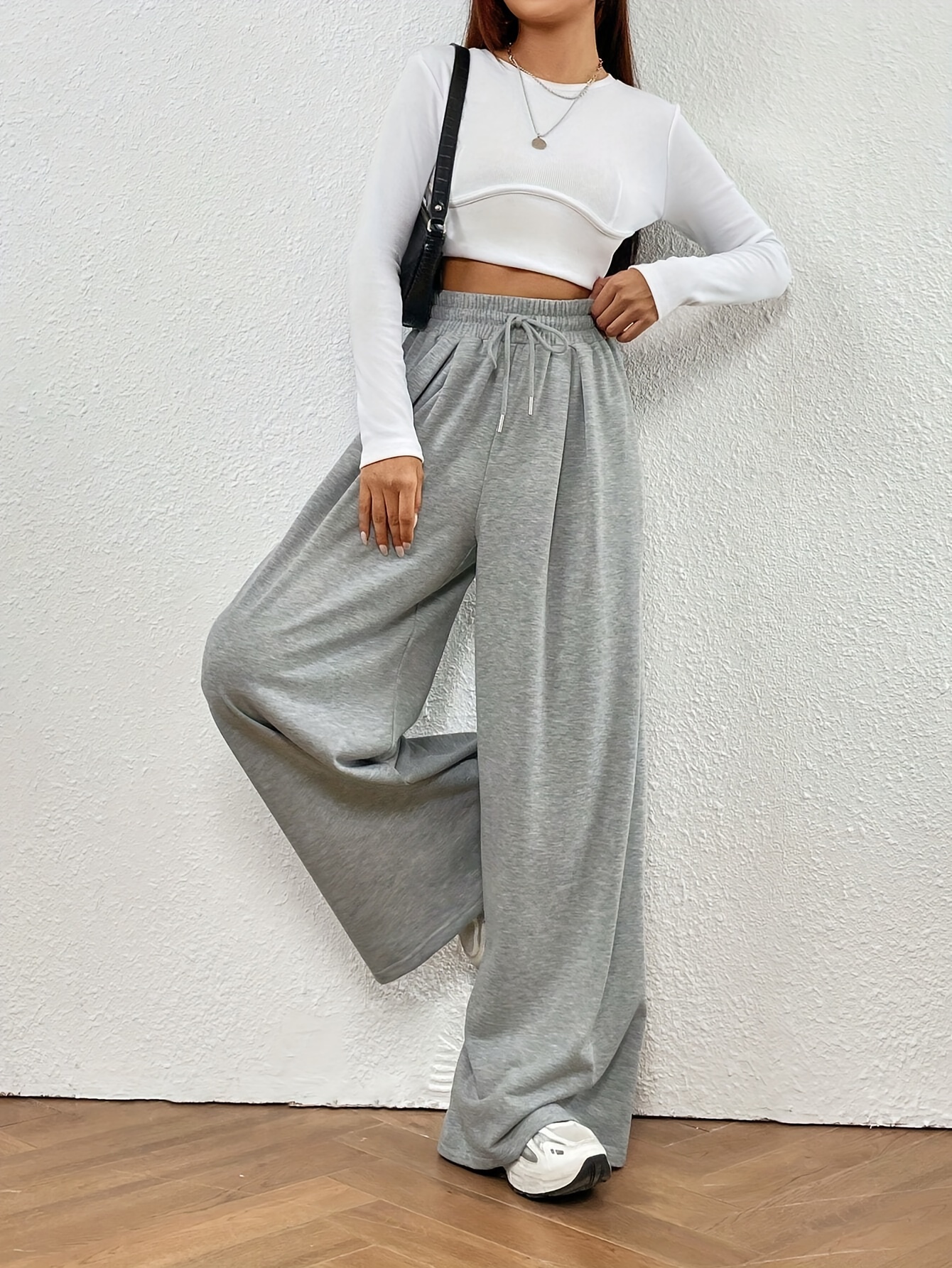 Mid-Rise Wide Leg Pants - Comfortable Elastic Waist, Soft Polyester, Solid Color, Casual Style for Teen Women - All-Season Wear