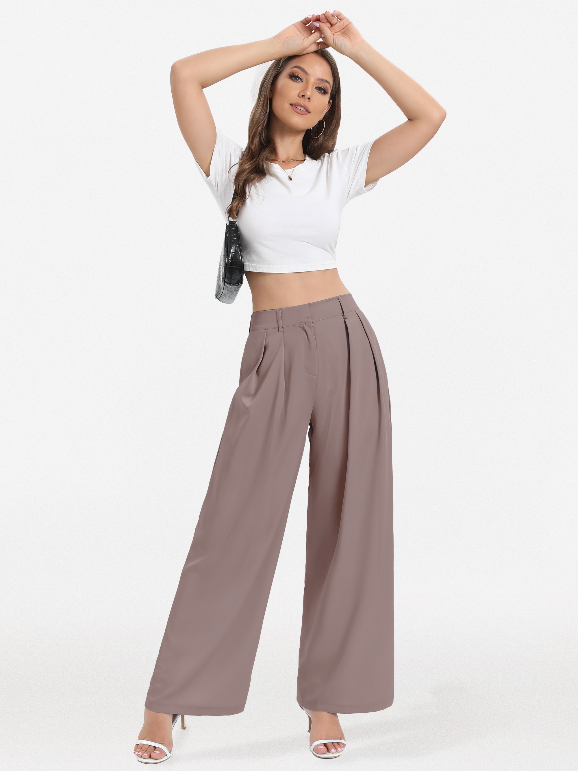 Solid Color Pleated Wide Leg Pants, Elegant High Waist Work Office Pants With Pocket, Women's Clothing