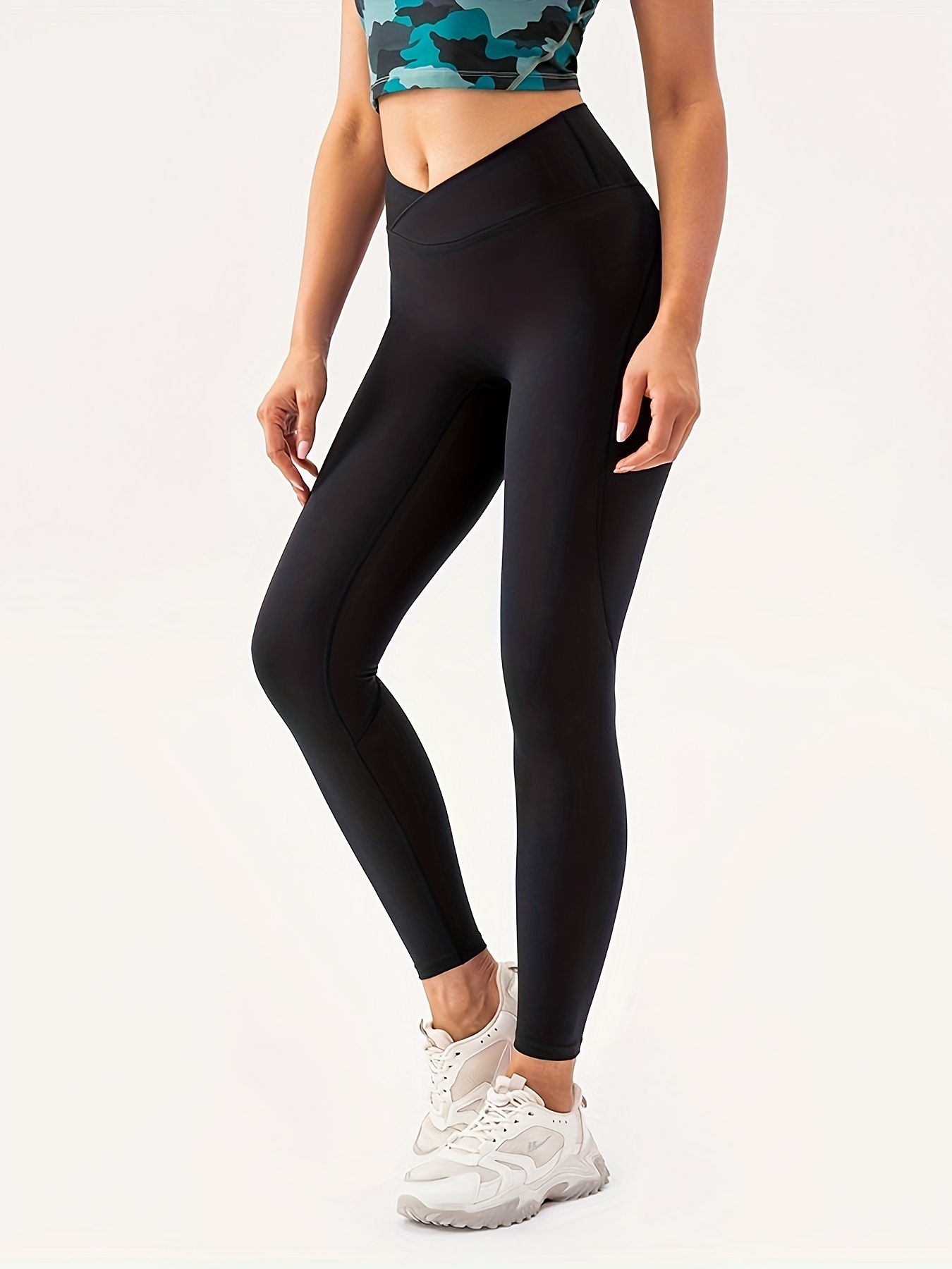 Crossover High Waist Skinny Leggings, Casual Stretchy Workout Leggings, Women's Clothing