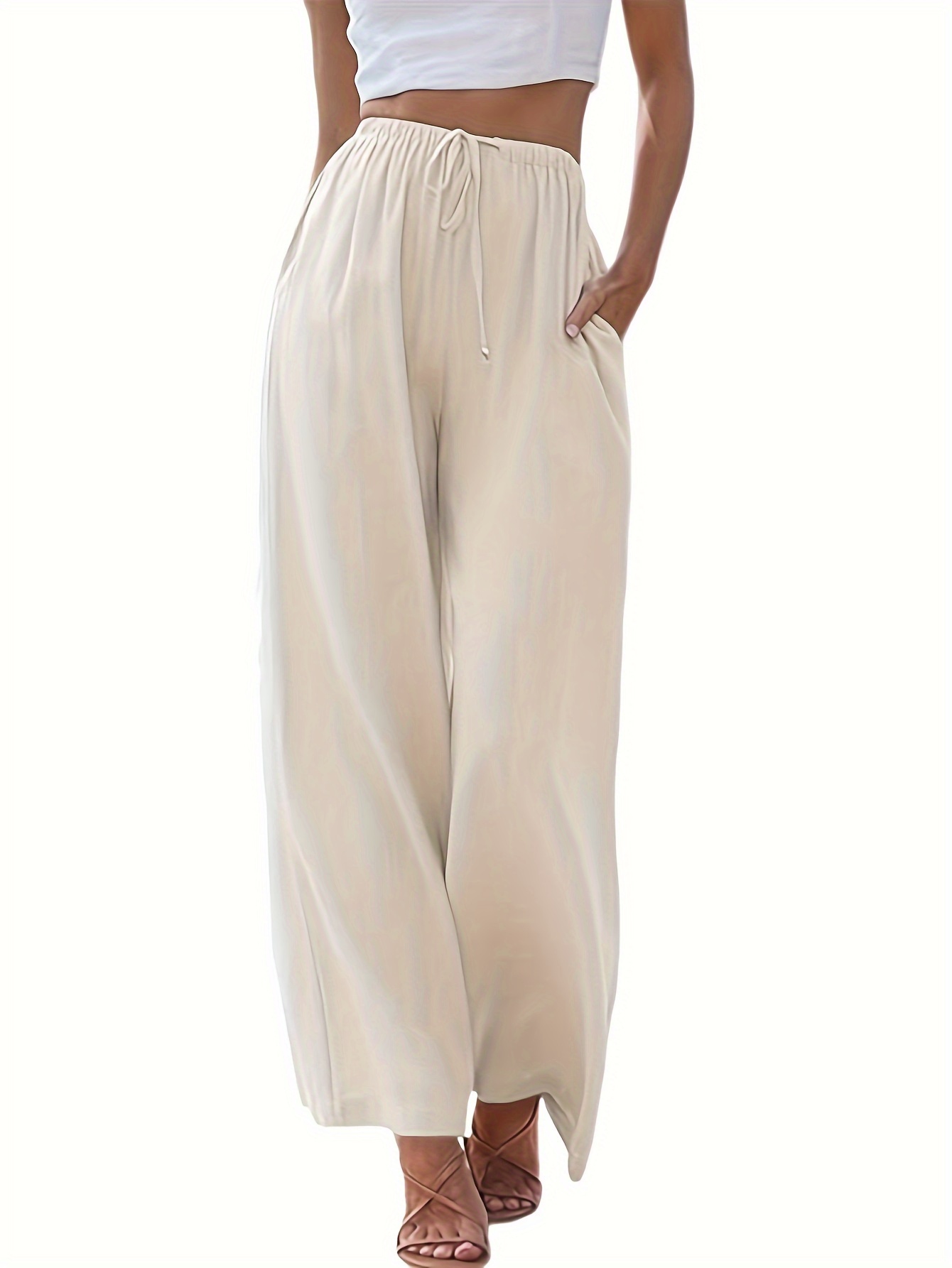 Solid Color Wide Leg Pants, Casual Drawstring Comfy Pants With Pocket, Women's Clothing