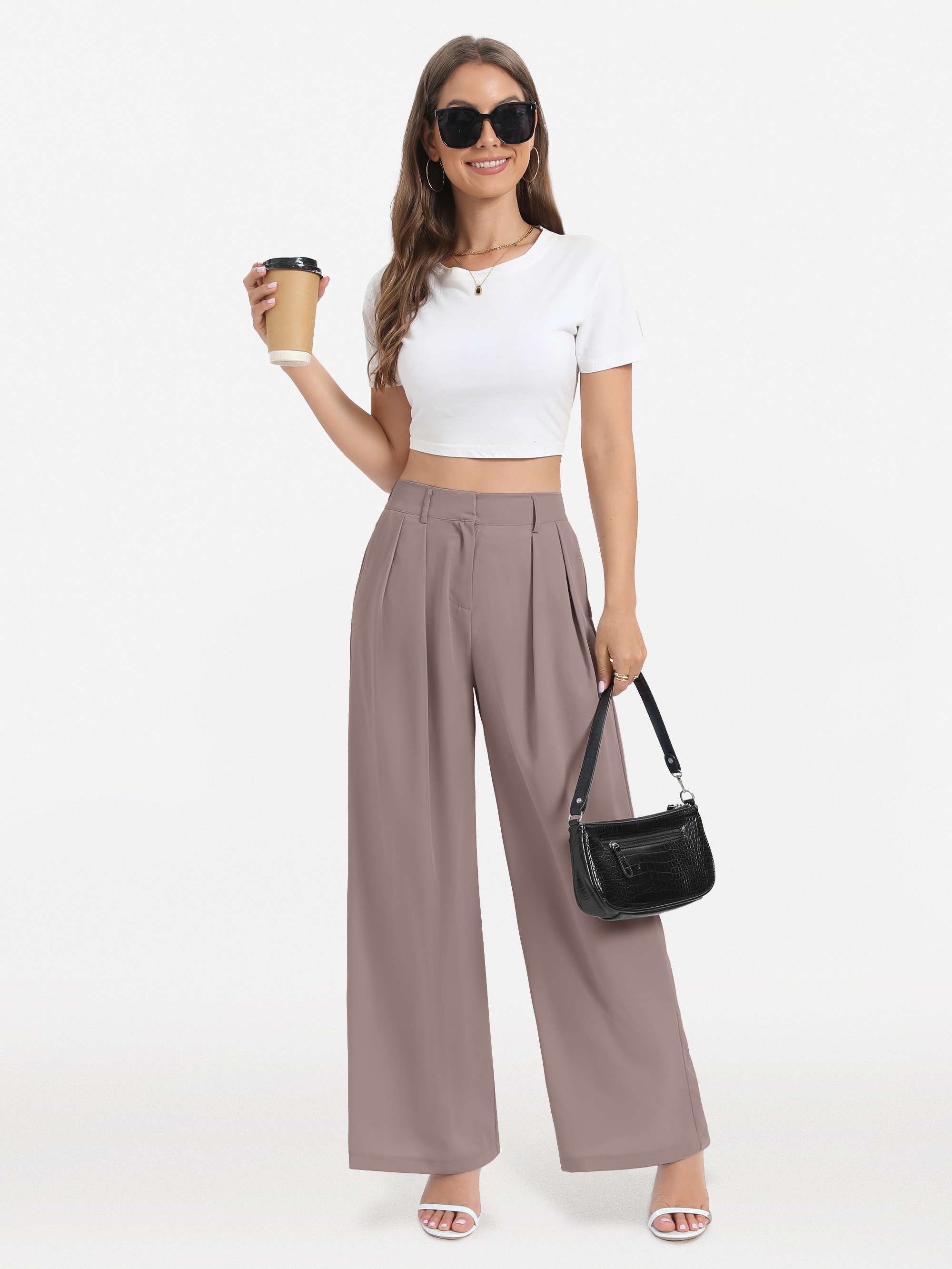 Solid Color Pleated Wide Leg Pants, Elegant High Waist Work Office Pants With Pocket, Women's Clothing