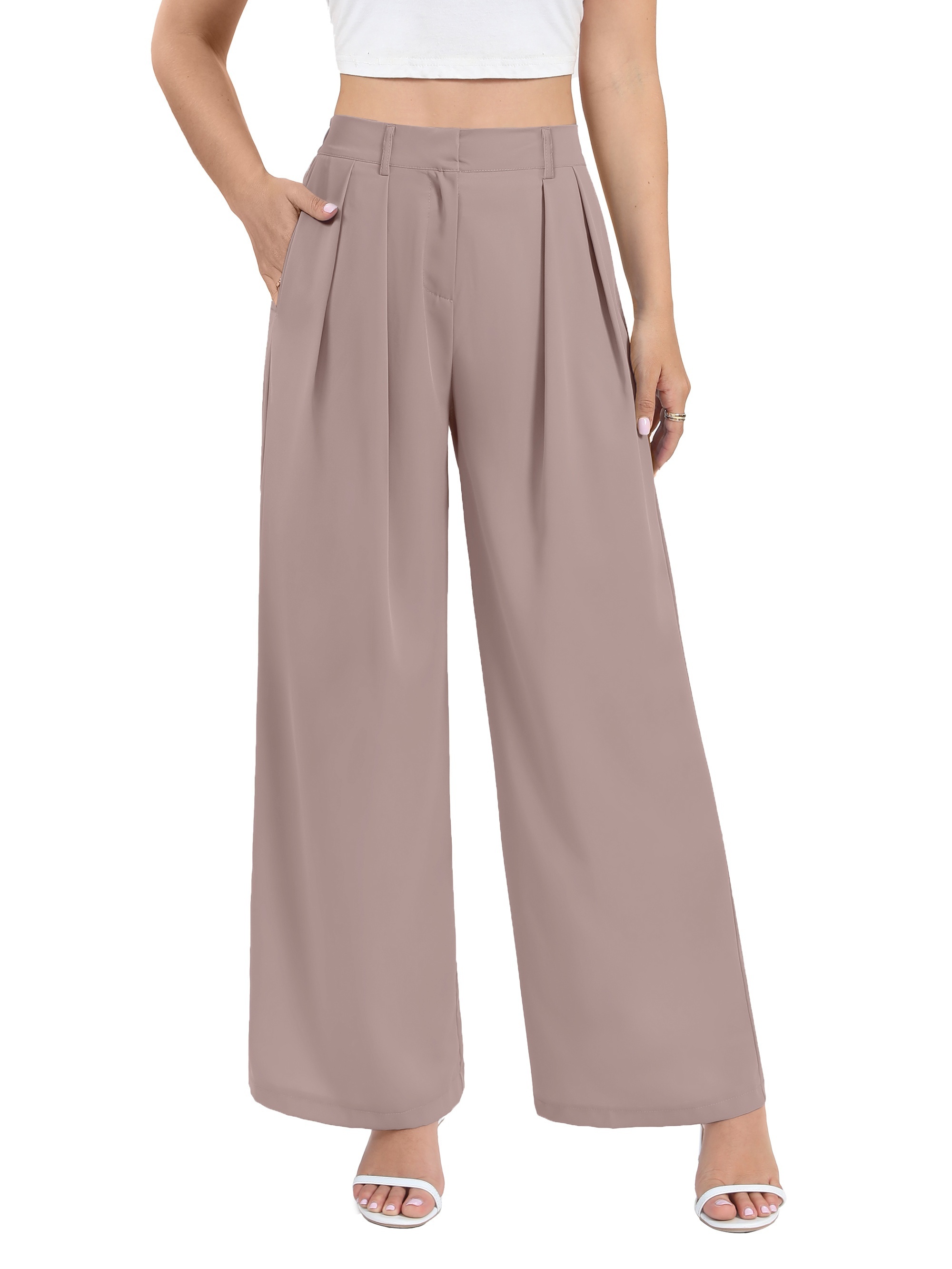 Solid Color Pleated Wide Leg Pants, Elegant High Waist Work Office Pants With Pocket, Women's Clothing