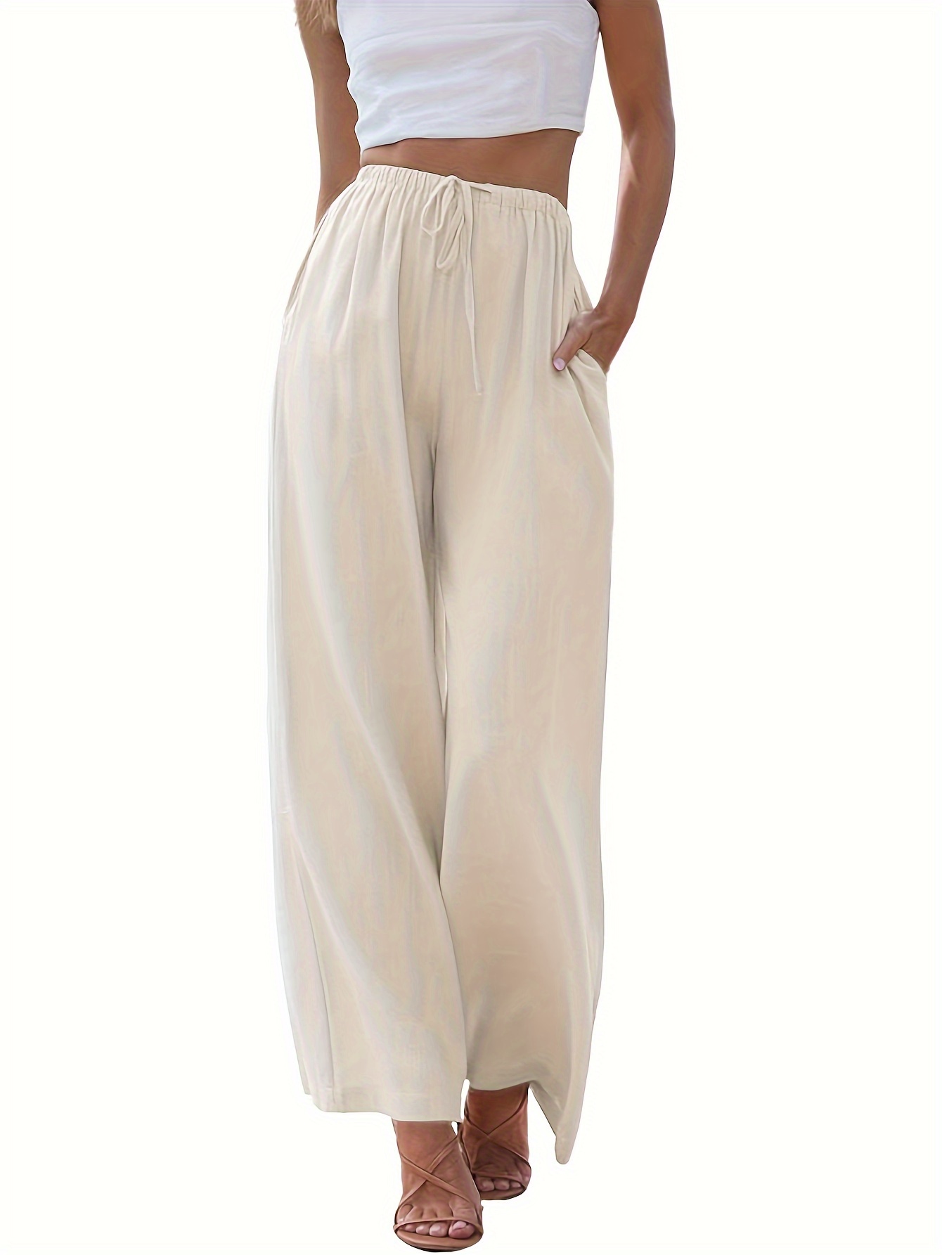 Solid Color Wide Leg Pants, Casual Loose Flowy Beach Pants For Summer, Women's Clothing