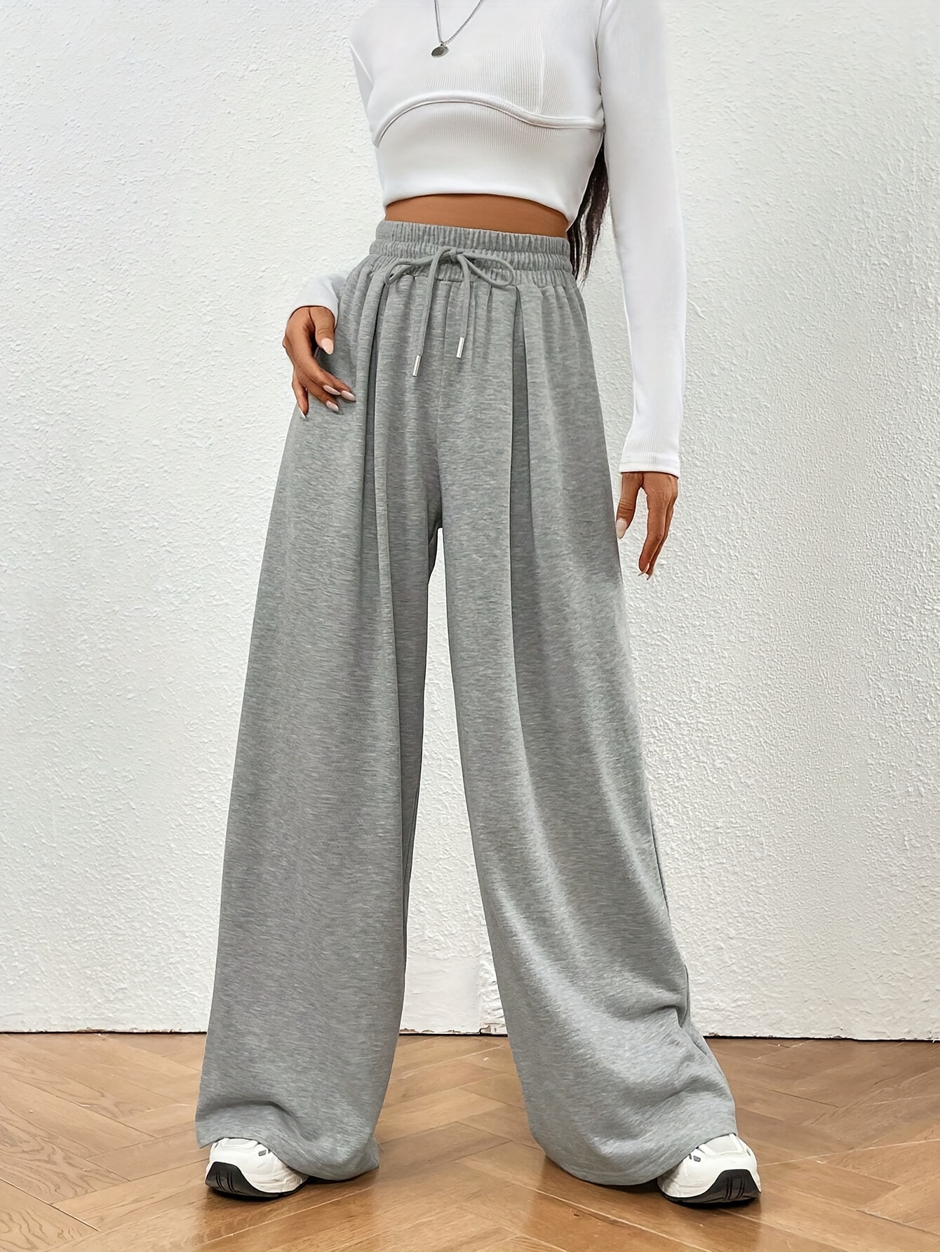 Mid-Rise Wide Leg Pants - Comfortable Elastic Waist, Soft Polyester, Solid Color, Casual Style for Teen Women - All-Season Wear