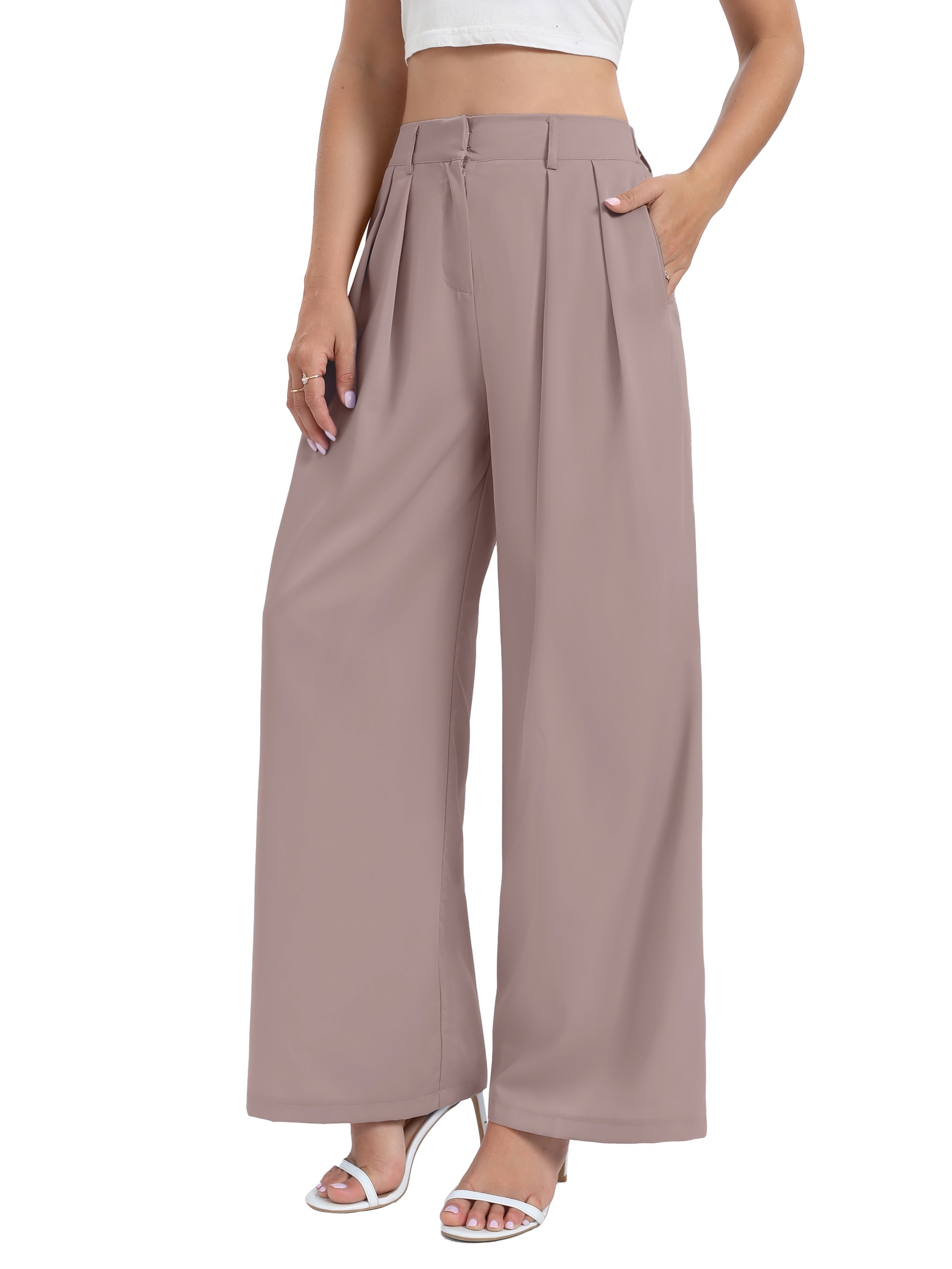 Solid Color Pleated Wide Leg Pants, Elegant High Waist Work Office Pants With Pocket, Women's Clothing