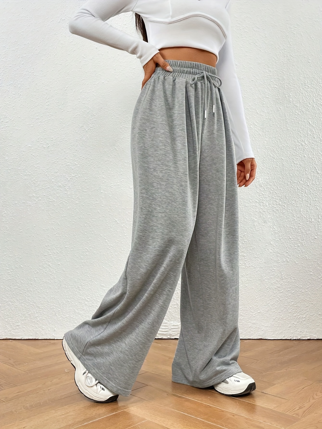 Mid-Rise Wide Leg Pants - Comfortable Elastic Waist, Soft Polyester, Solid Color, Casual Style for Teen Women - All-Season Wear