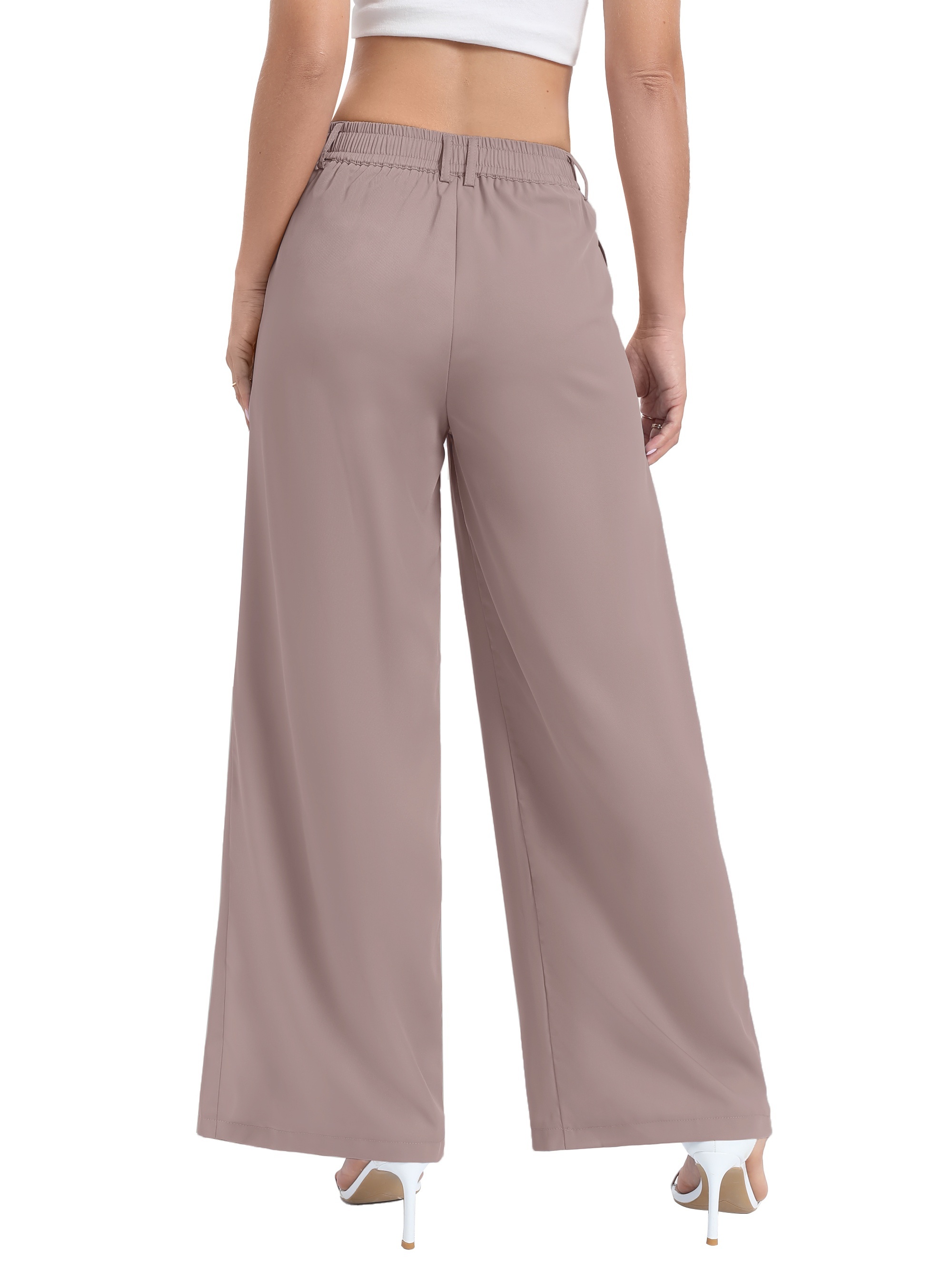 Solid Color Pleated Wide Leg Pants, Elegant High Waist Work Office Pants With Pocket, Women's Clothing