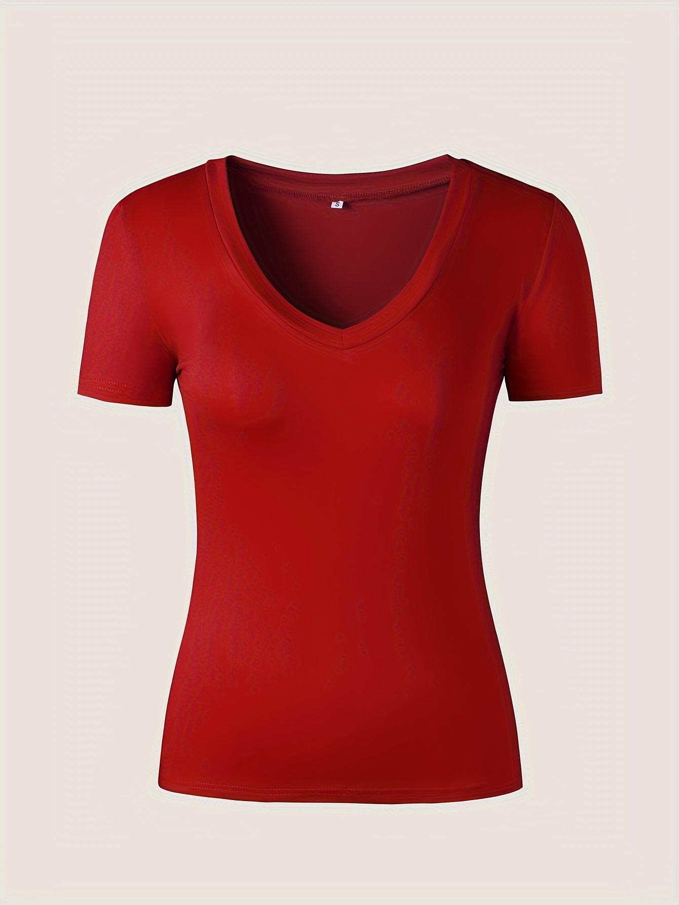 Slim V Neck T-Shirt, Solid Color Short Sleeve T-Shirt For Spring & Summer, Women's Clothing