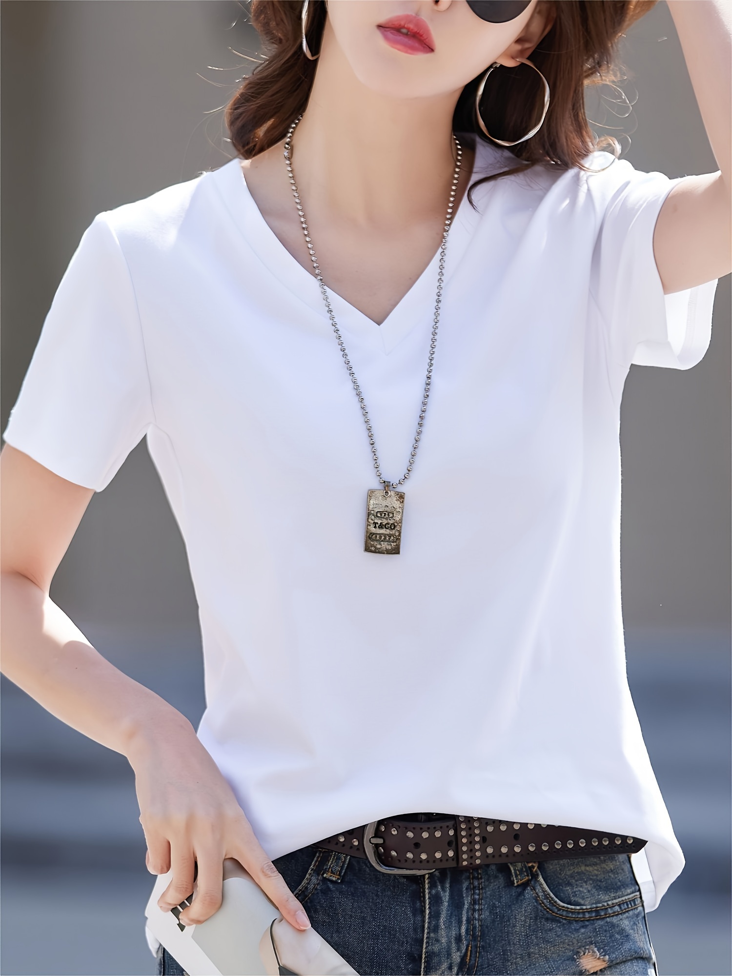 Trendy Womens Letter Print V Neck T-Shirt - Casual Short Sleeve Spring & Summer Wardrobe Essential - Comfortable, Stylish, Versatile Fashion Clothing