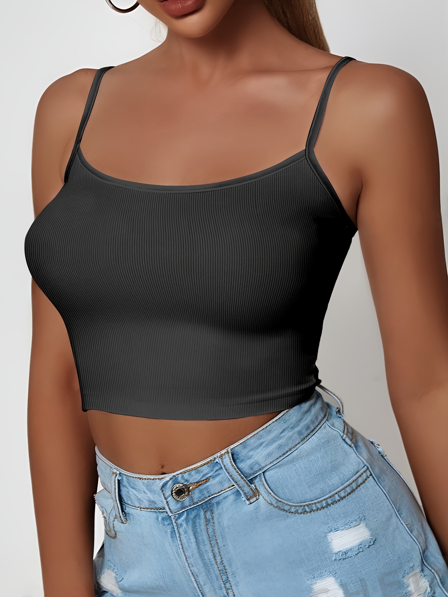 Ribbed Spaghetti Strap Top, Elegant Crew Neck Sleeveless Cami Top For Summer, Women's Clothing