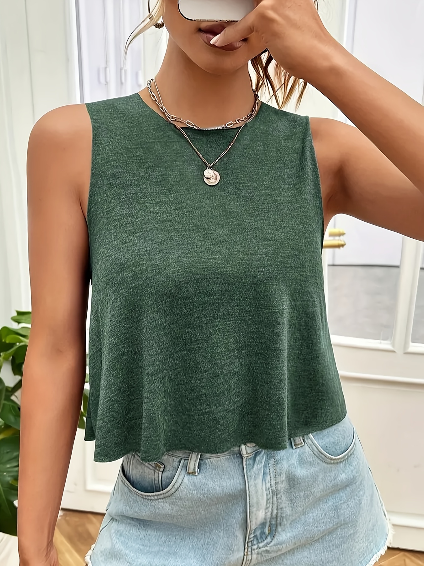 Vibrant Solid Color Crew Neck Tank Top - Classic Relaxed Fit, Sleeveless Design, Comfortable Casual Wear - Perfect for Summer and Spring, Womens Clothing