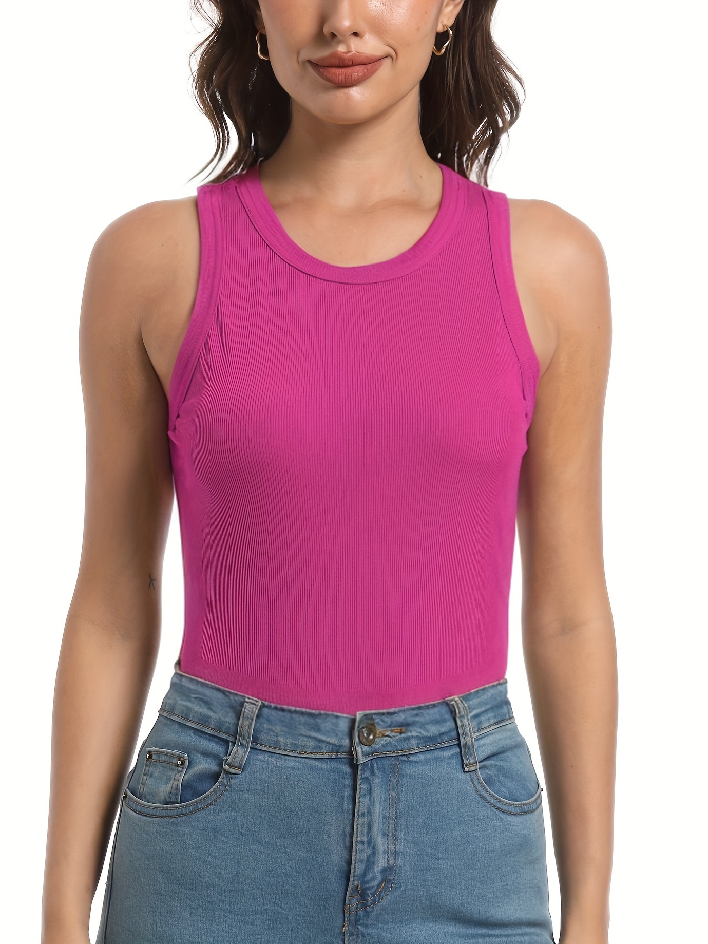 Solid Color Crew Neck Tank Top, Casual Sleeve Slim Fit Top For Spring & Summer, Women's Clothing